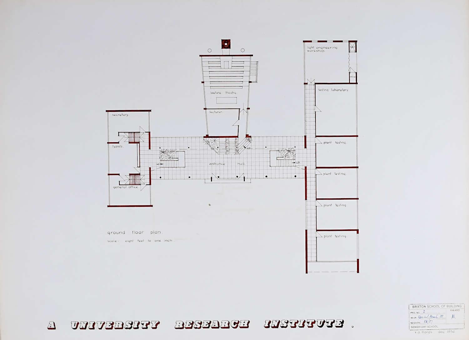 Design für Modernistische brutalistische Architekturzeichnung des Instituts I aus der Mitte des Jahrhunderts