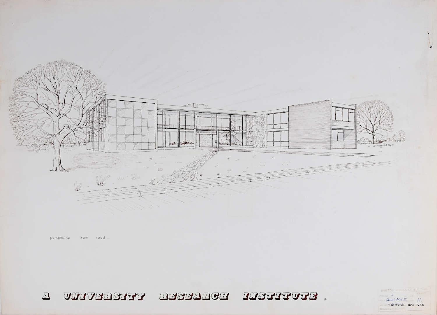 V A Hards Interior Art - Exterior for Modernist Brutalist Institute mid-century architectural drawing