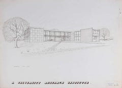 Exterior for Modernist Brutalist Institute mid-century architectural drawing
