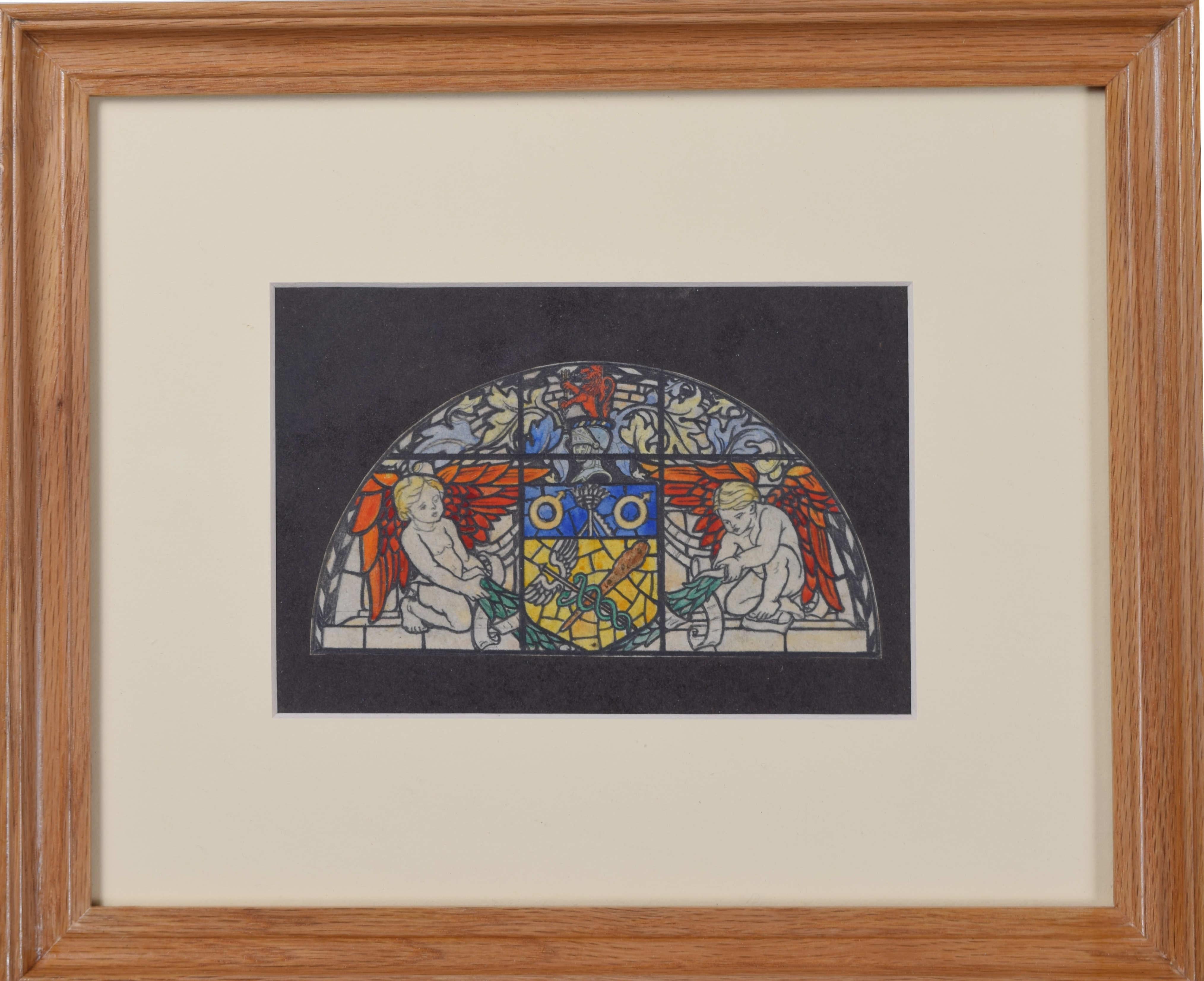 Stained glass window design for an arched panel by T W Camm For Sale 1