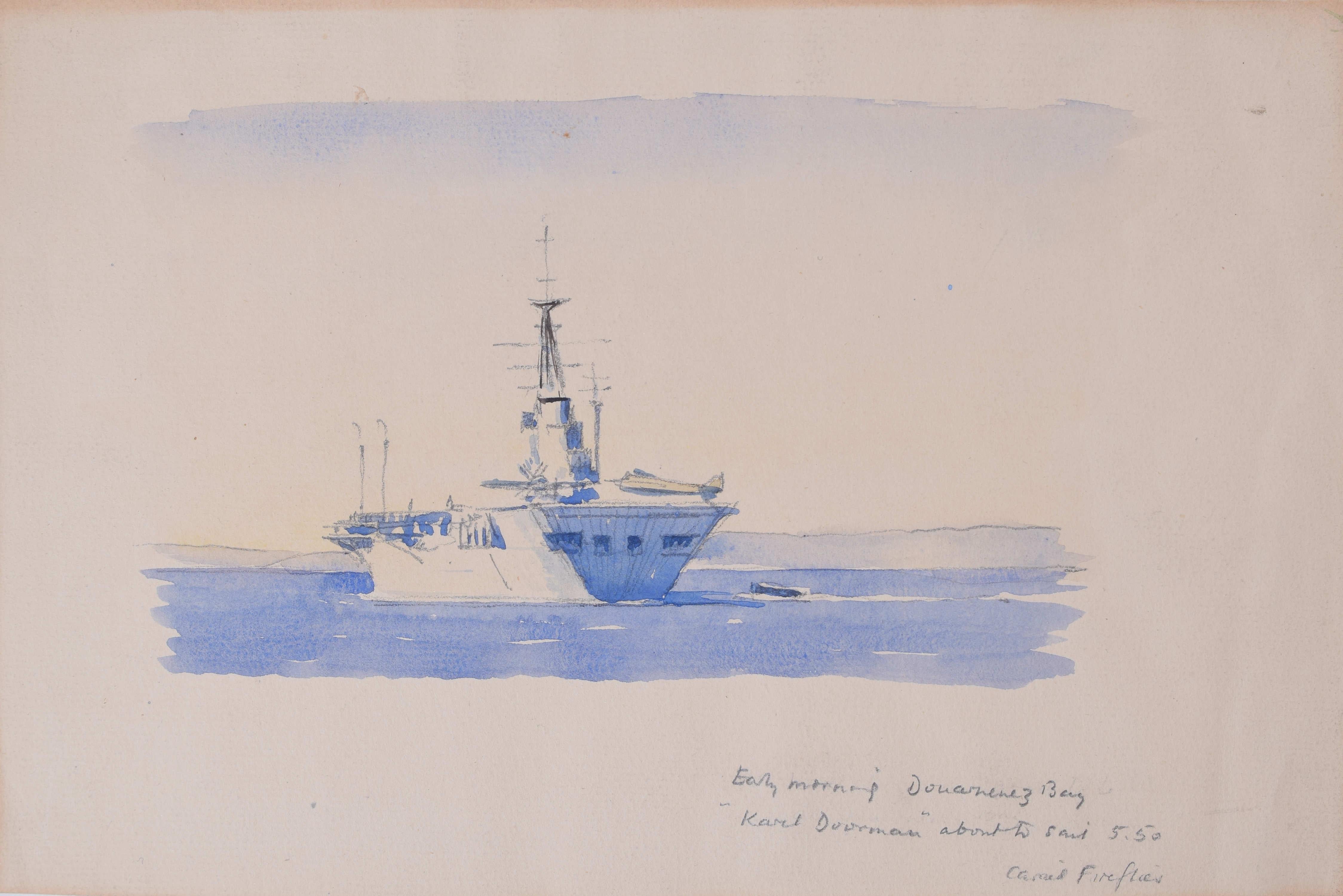 Laurence Dunn: Karel Doorman (R81) Dutch Navy ship watercolour