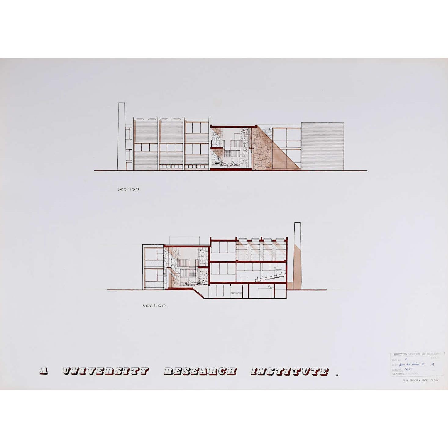 Design für Modernistische brutalistische Architekturzeichnung des Instituts III. aus der Mitte des Jahrhunderts