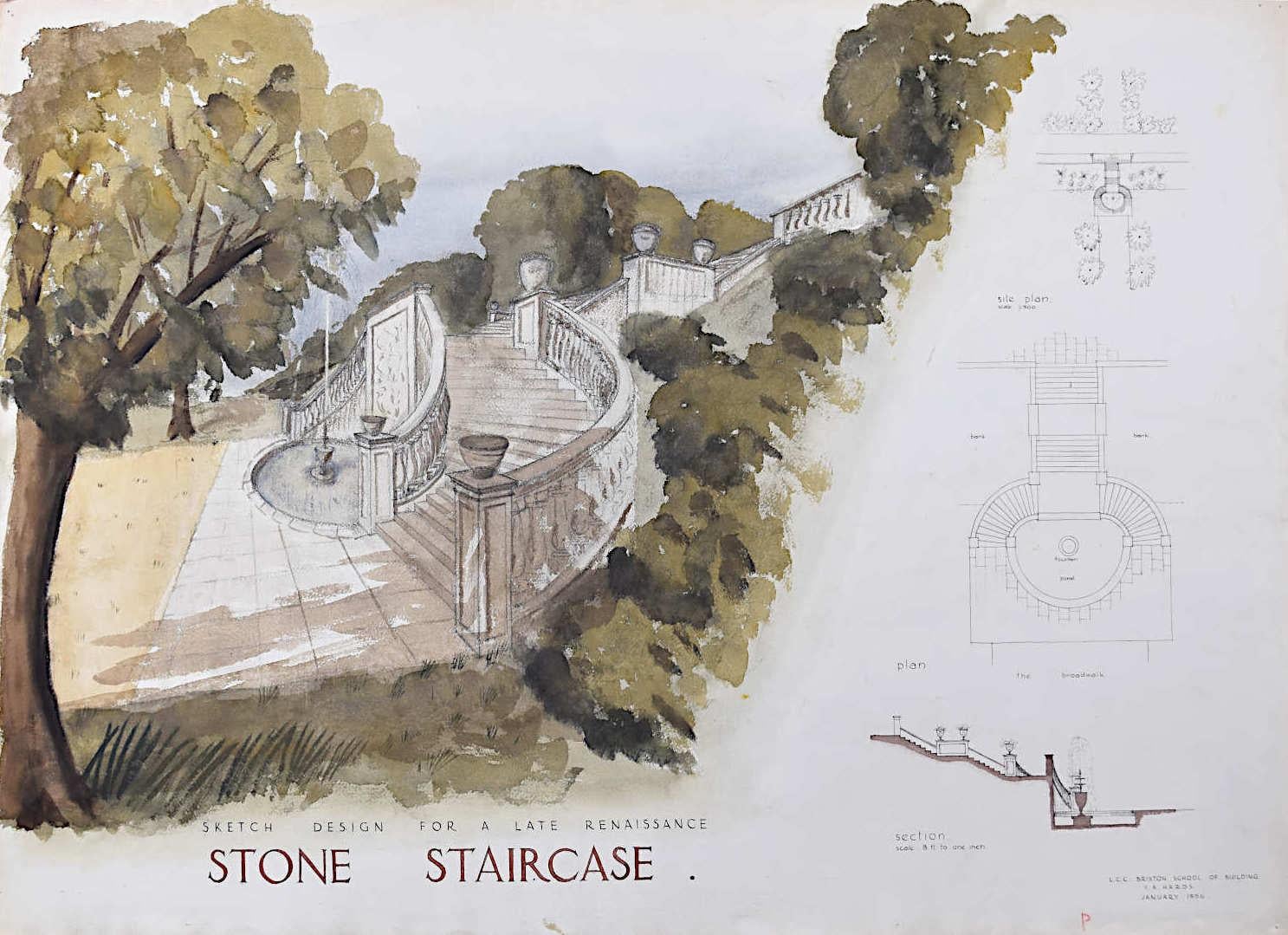V A Hards Interior Art - Design for a late Renaissance stone staircase mid-century architectural drawing