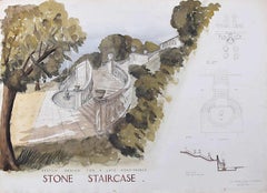 Vintage Design for a late Renaissance stone staircase mid-century architectural drawing