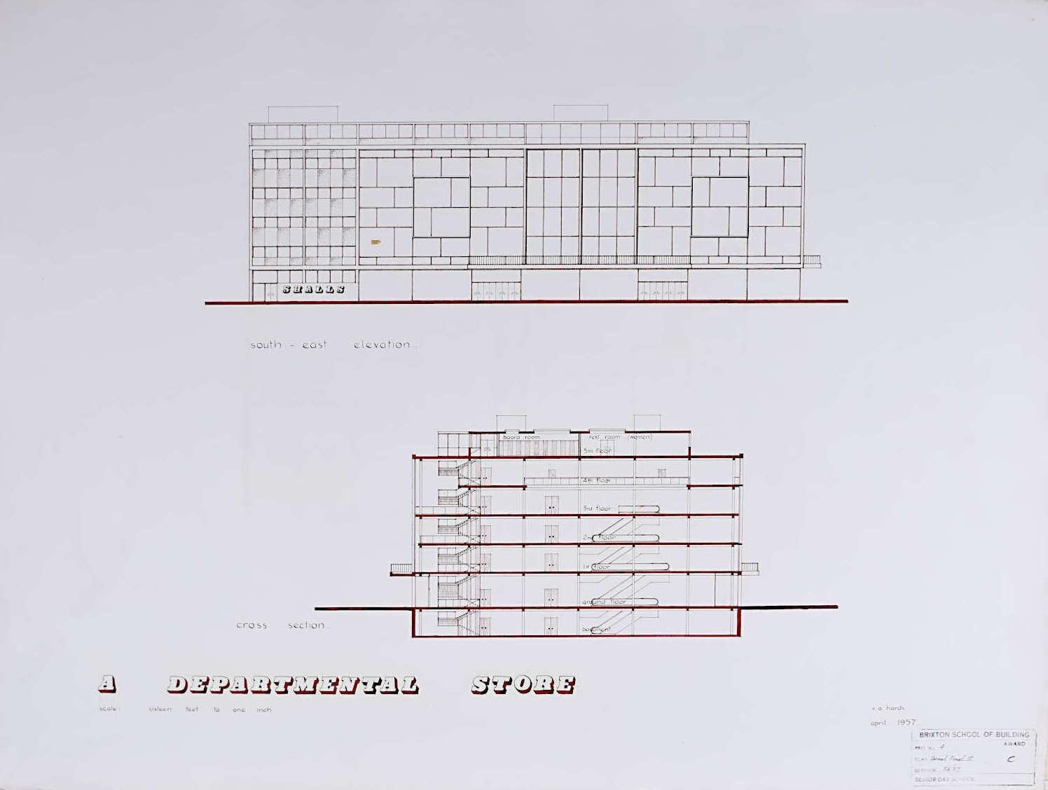 Design für ein modernistisches Kaufhaus mit architektonischer Zeichnung aus der Mitte des Jahrhunderts