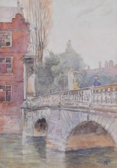 Antique St John's College, Cambridge Kitchen Bridge watercolour by Christopher Wren