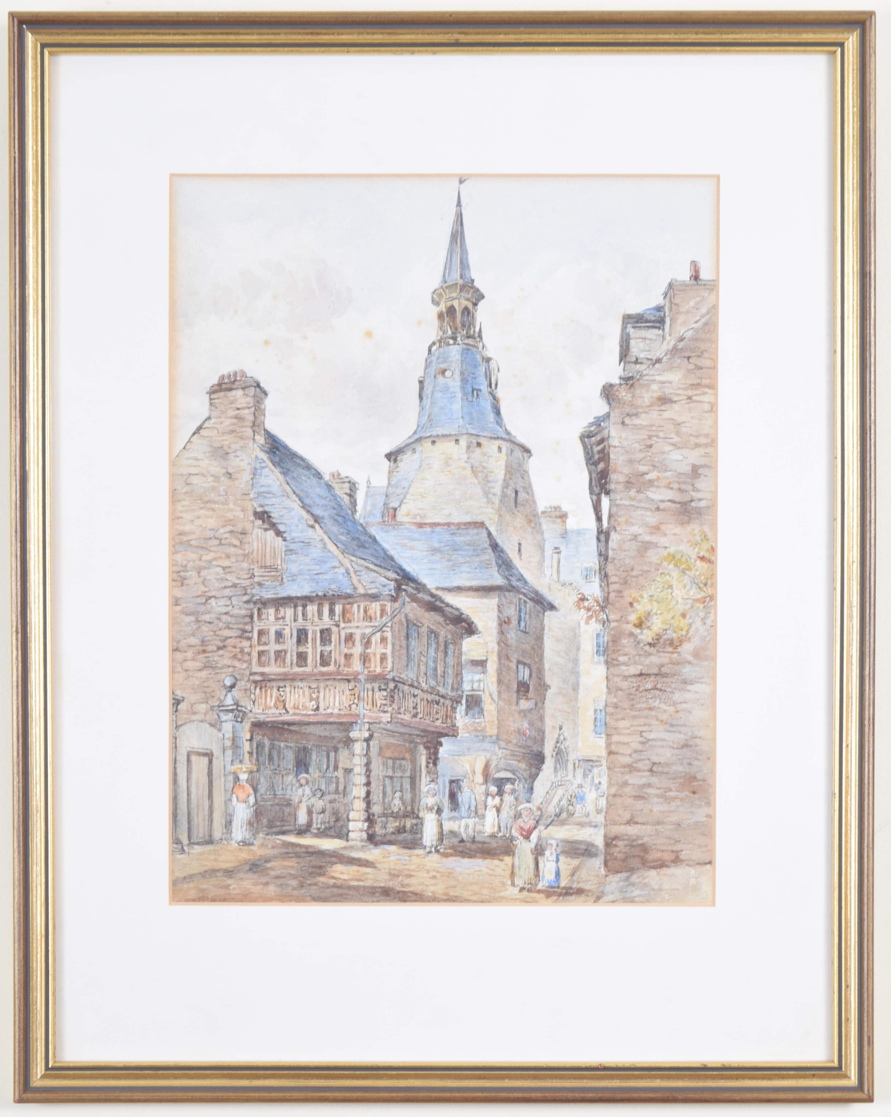 Attributed to Antony Vandyke Copley Fielding (1787 - 1855)
Dinan Tour de l’Horloge (Dinan Clock Tower)
Watercolour
28 x 21 cm

A spirited watercolour of Dinan, Brittany. Dinan's famous clock tower looks over a French street scene: men, women, and