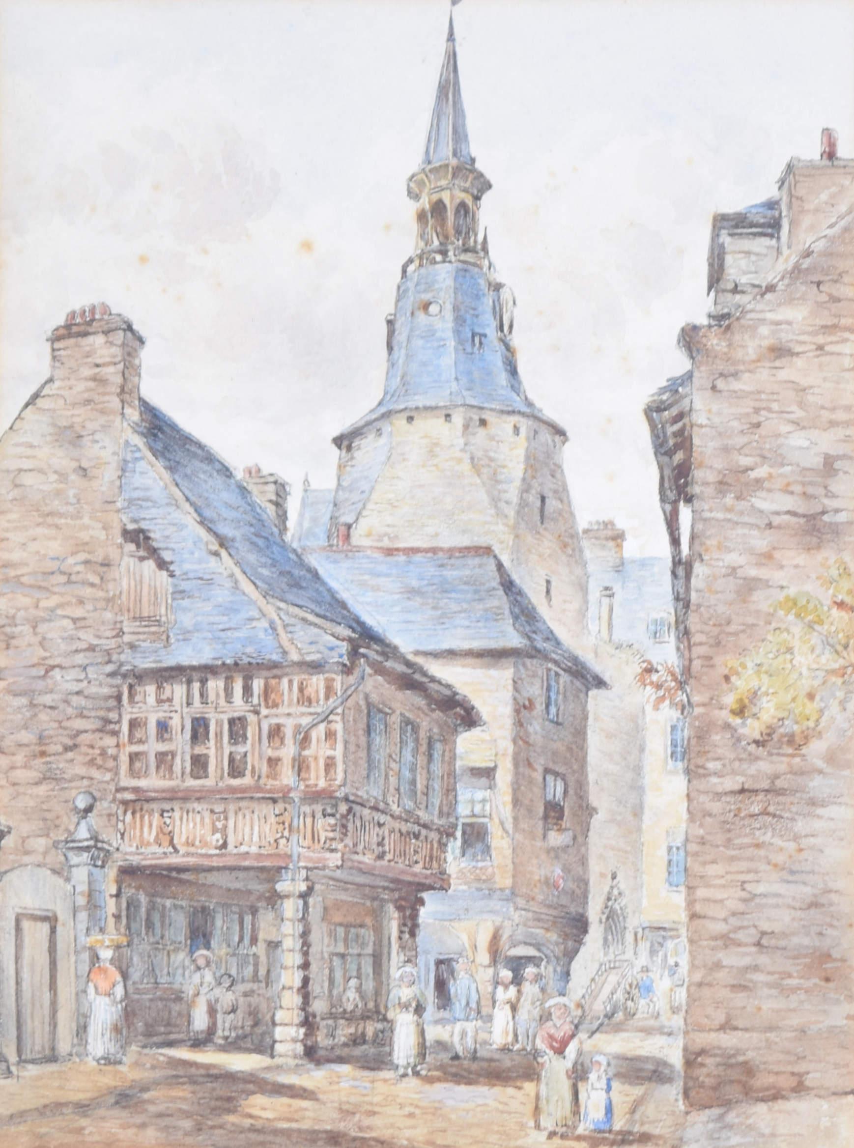 Dinan, Brittany clock tower watercolour attr Anthony Vandyke Copley Fielding For Sale 1
