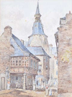 Dinan, Brittany clock tower watercolour attr Anthony Vandyke Copley Fielding