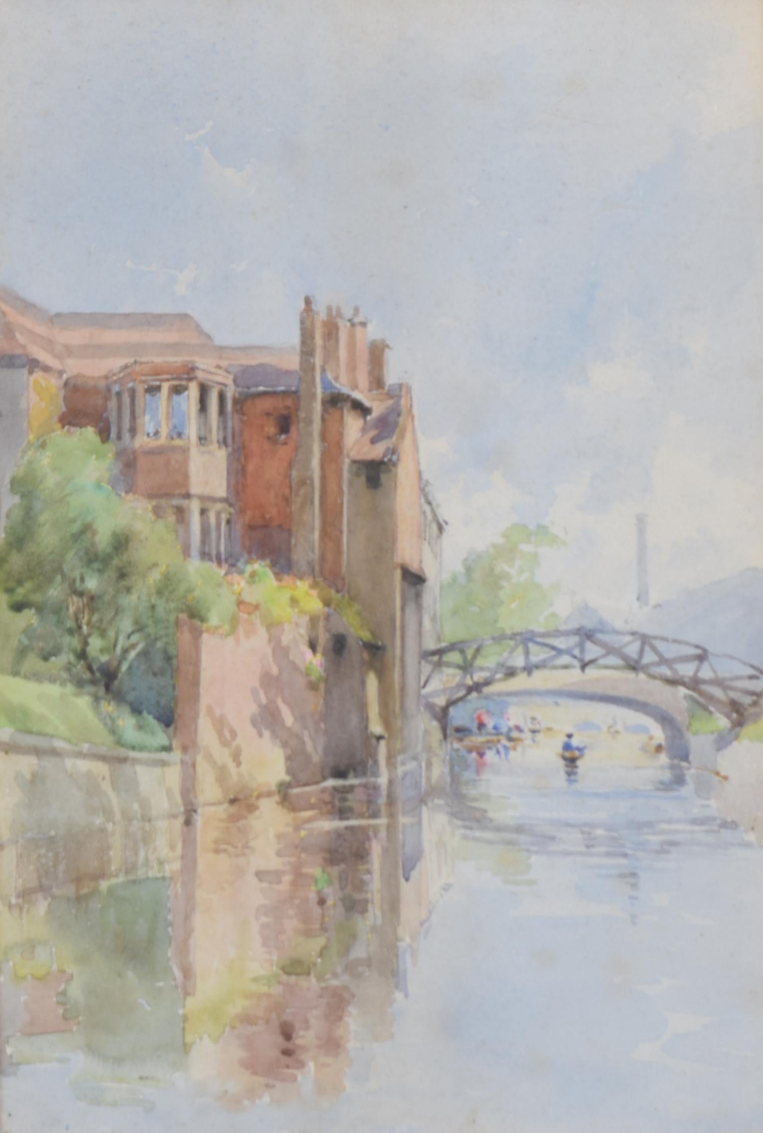 Unknown Landscape Art – The Mathematical Bridge, Queens'' College, Cambridge River Cam-Aquarell