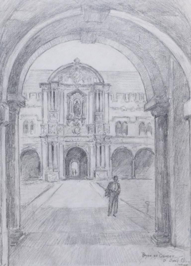 Bryan De Grineau Interior Art – St. John's College, Oxford Canterbury Quad Zeichnung von Bryan de Grineau