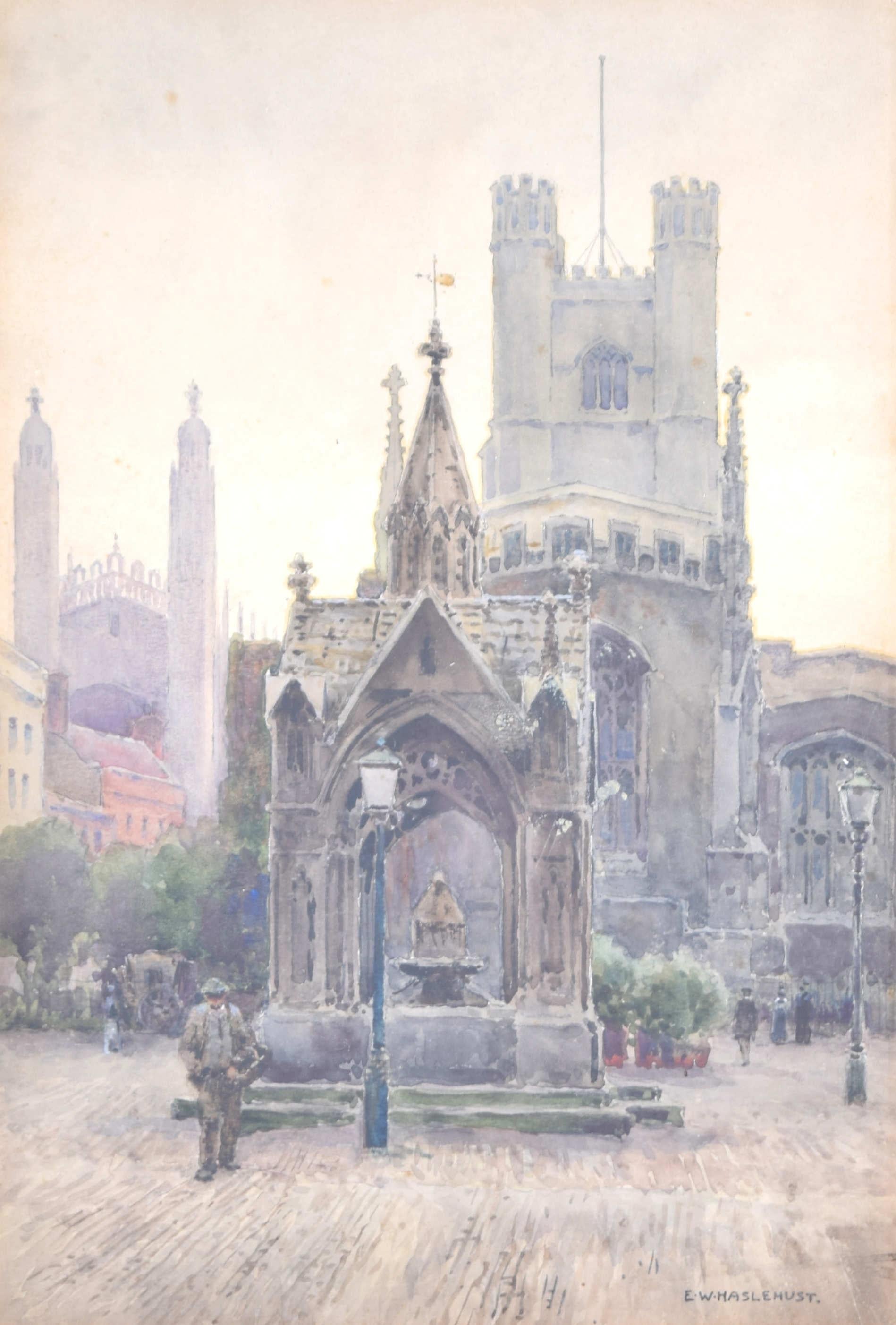 Marktplatz von Cambridge und Great St Mary's Aquarell von Ernest Haslehurst – Art von Ernest William Haslehurst