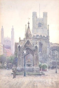 Antique Cambridge marketplace and Great St Mary’s watercolour by Ernest Haslehurst