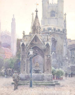 Cambridge marketplace and Great St Mary’s watercolour by Ernest Haslehurst