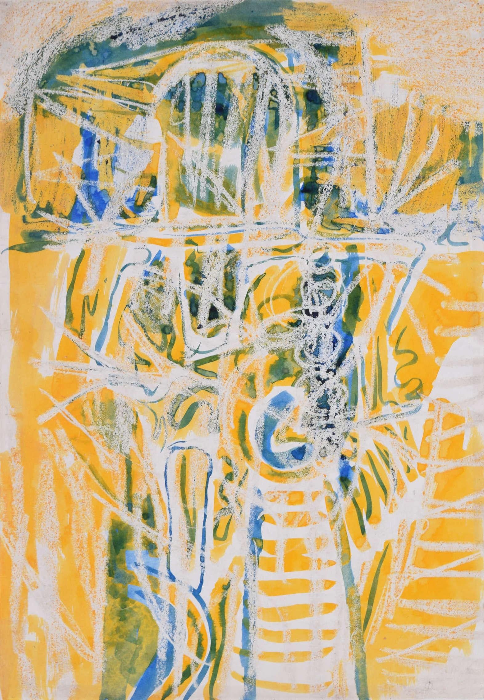 Abstrakte Figur in gelbem und blauem Aquarell von Charles Pulsford ARSA