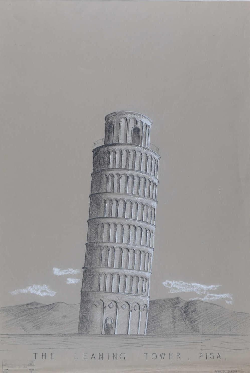 John D Paxton Landscape Art – Leaning Tower of Pisa, Italien, architektonische Zeichnung von John Paxton