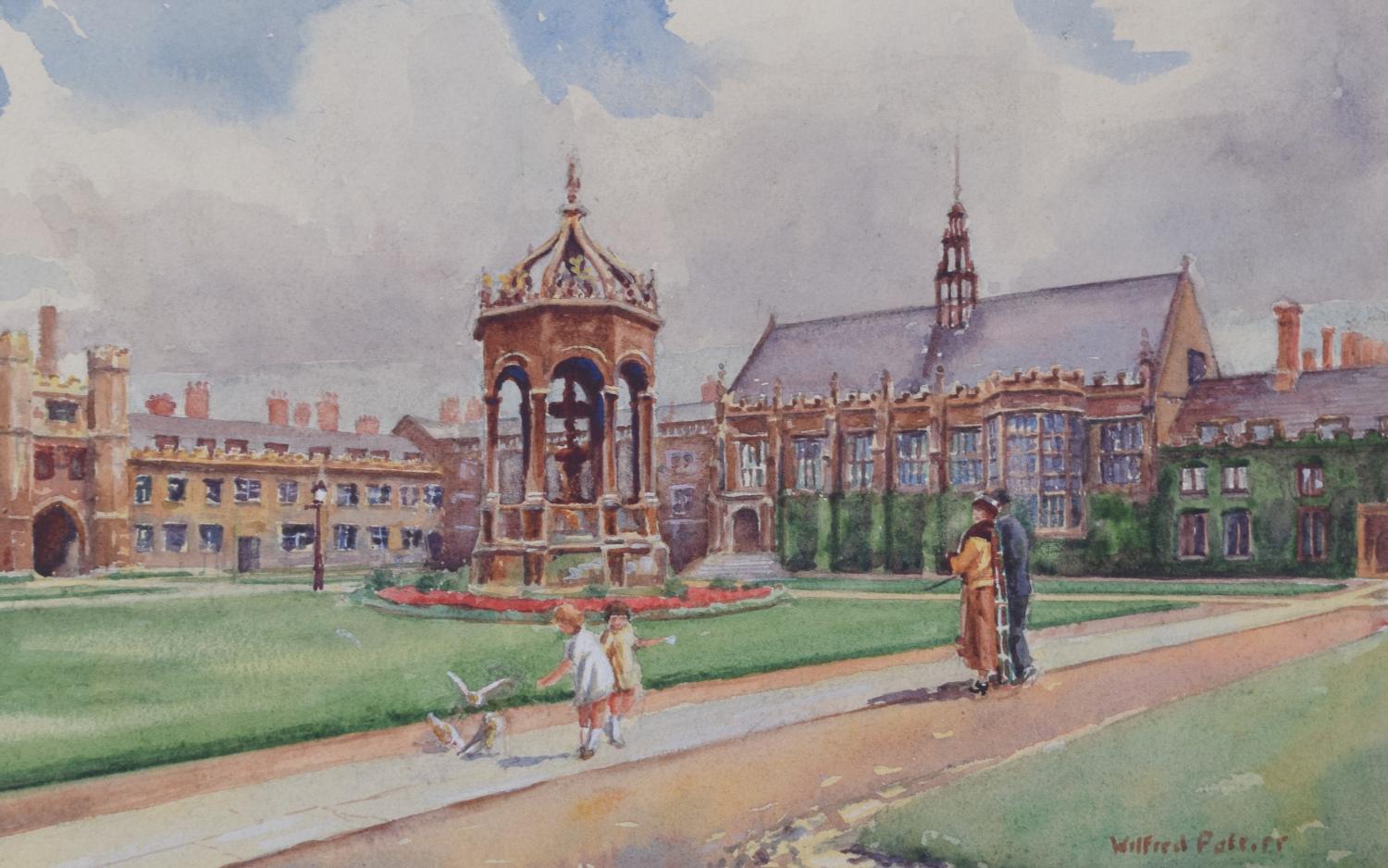 Trinity College, Cambridge, Great Court watercolour by Wilfred Pettitt