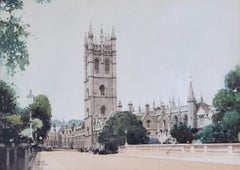 Vintage Magdalen Tower, Magdalen College, Oxford watercolour by Fred Taylor
