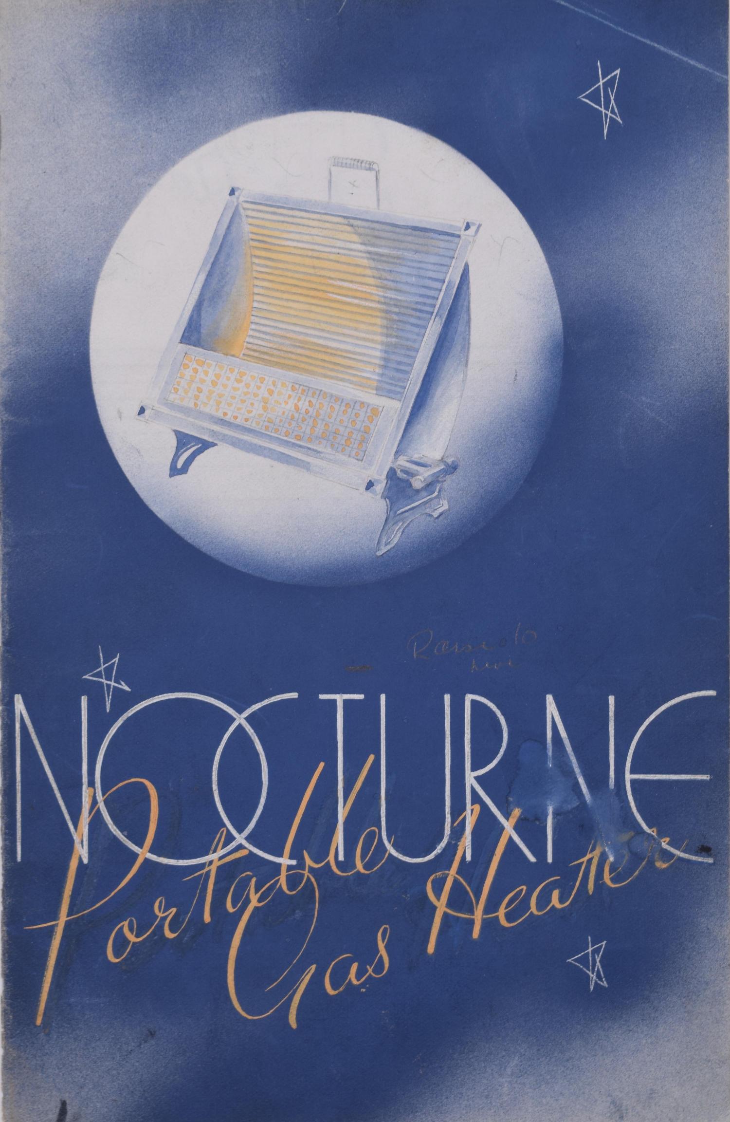 To see more, scroll down to "More from this Seller" and below it click on "See all from this Seller."

Brownbridge (flourished 1930s - 1940s)
Nocturne Portable Gas Heater brochure design
Gouache and mixed media
21.5 x 14 cm

From a small archive of