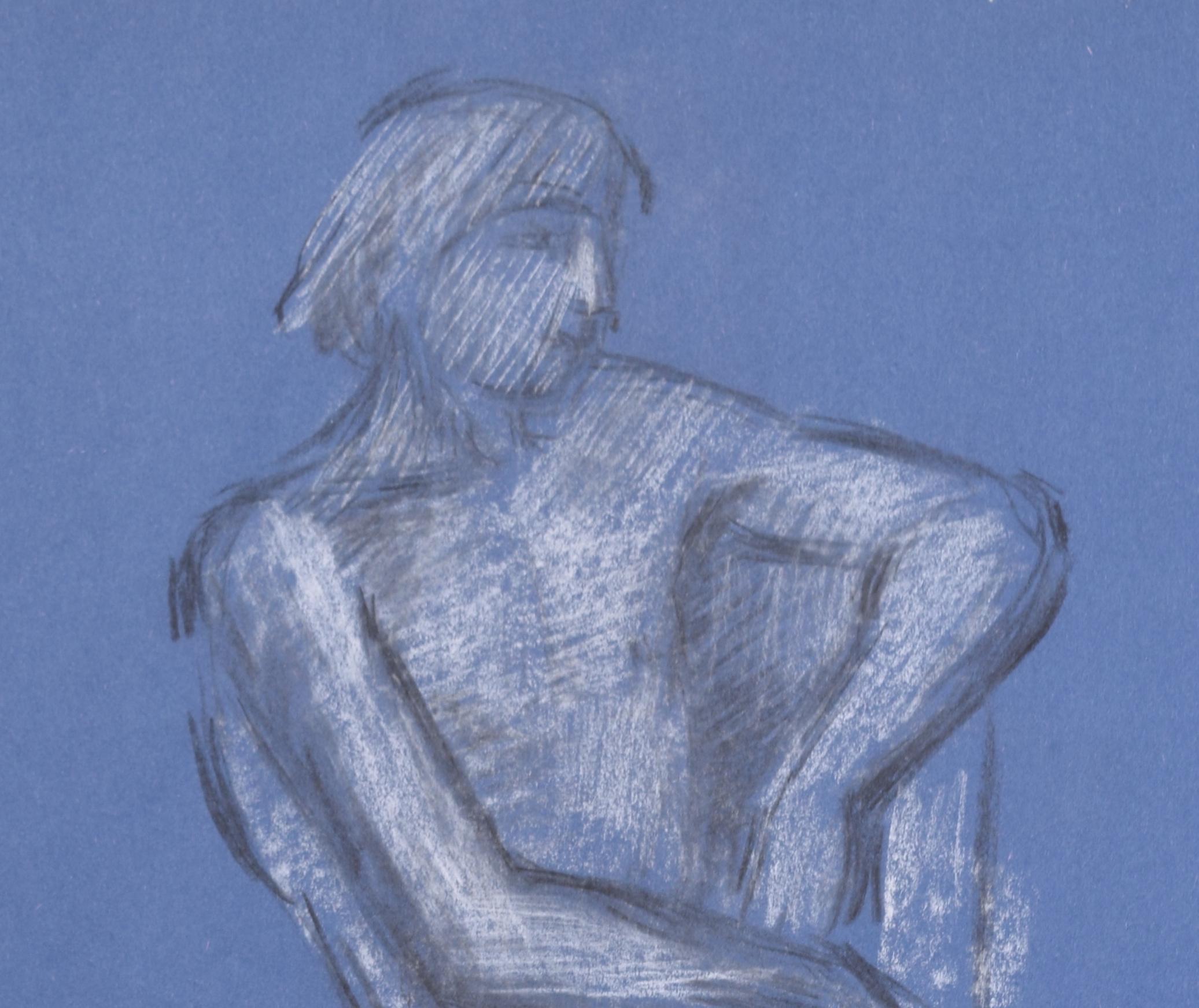 Seated Nude female figure chalk drawing by Hilary Hennes For Sale 1