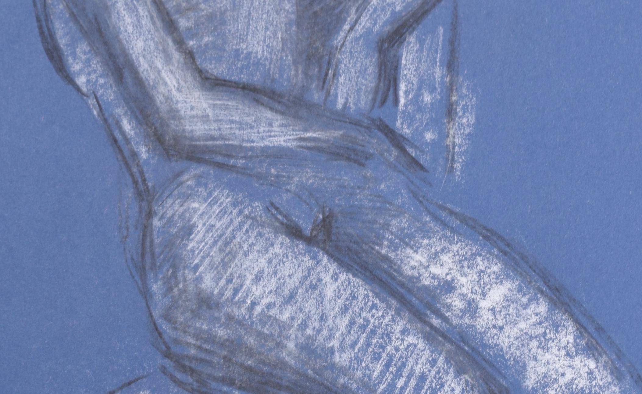 Seated Nude female figure chalk drawing by Hilary Hennes For Sale 2