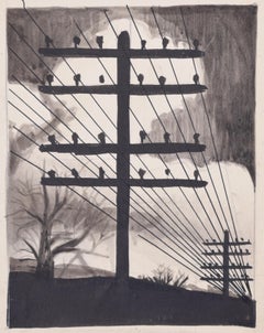 Telegraph wires and poles watercolour and pencil drawing by Gerald Mac Spink