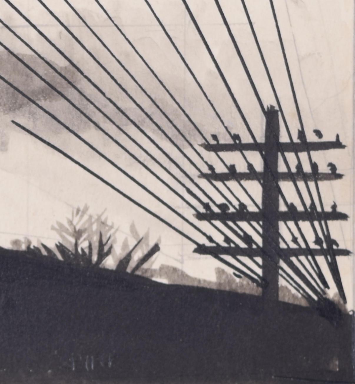 Telegraph wires and poles watercolour and pencil drawing by Gerald Mac Spink 2