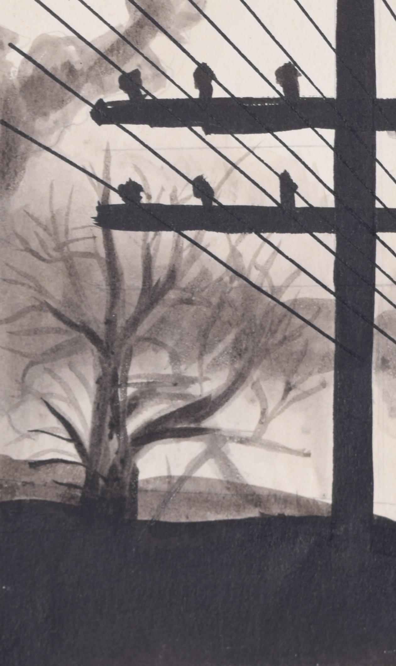 Telegraph wires and poles watercolour and pencil drawing by Gerald Mac Spink 1