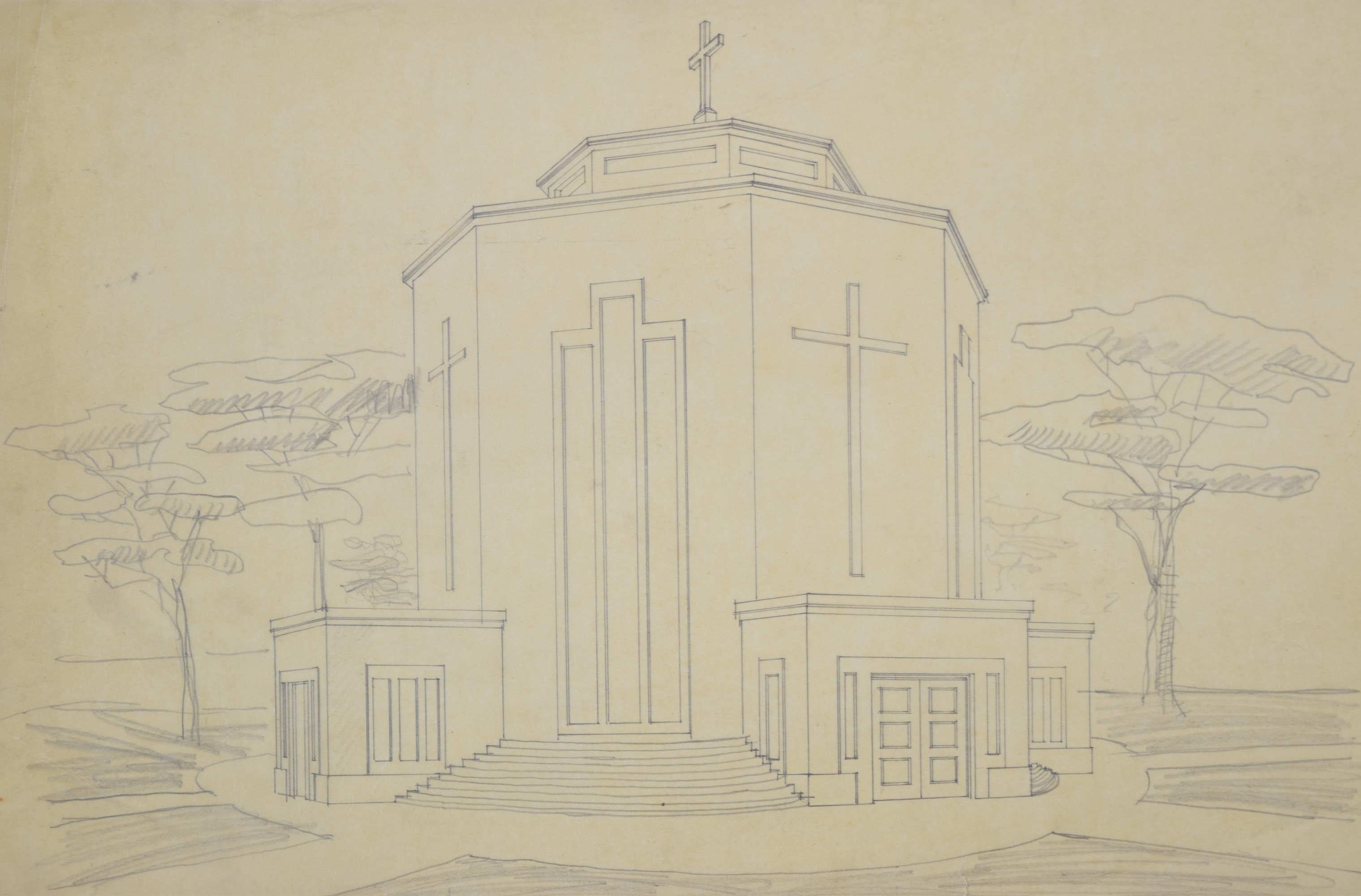 To see more, scroll down to "More from this Seller" and below it click on "See all from this Seller." 

S Clapham (active 1940 - 1960)
A Modernist Church
Pencil
29 x 43 cm

A design for an octagonal church in the modernist mid-century