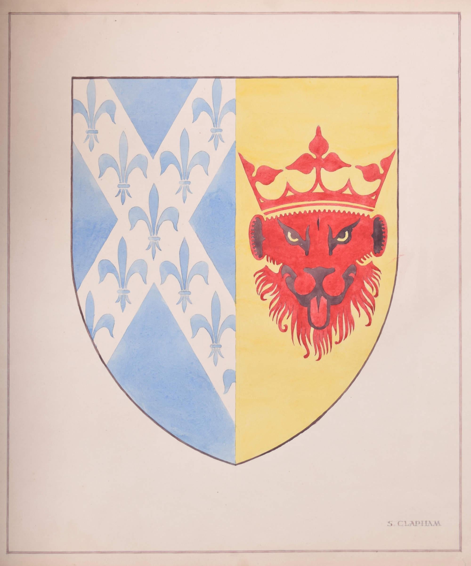Lion Heraldic Design coat of arms shield watercolour by S Clapham For Sale 4