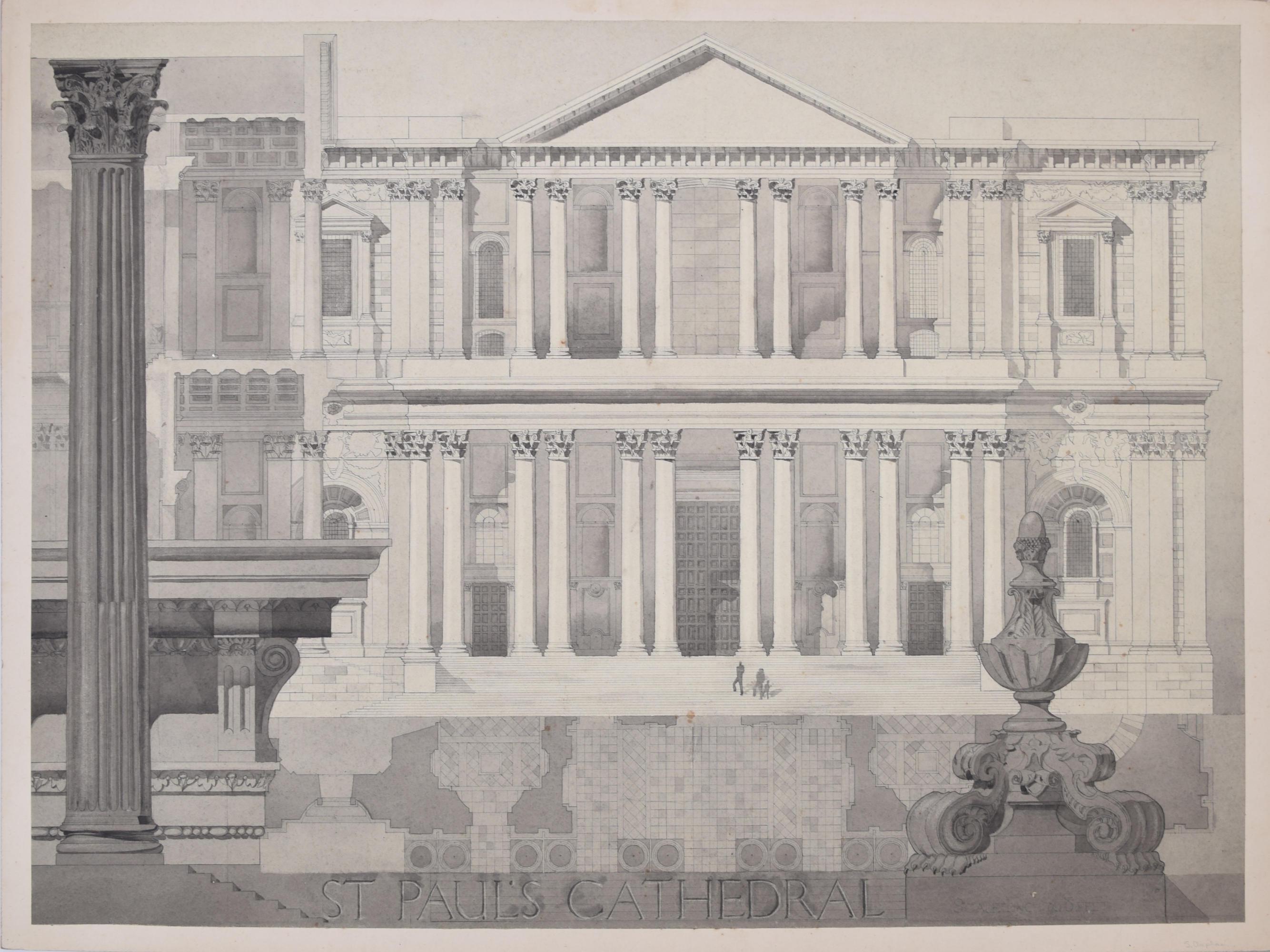 St Paul's Cathedral architectural watercolour by S Clapham