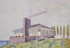 Vintage Modernist Beach House architectural design watercolour drawing by S Clapham 