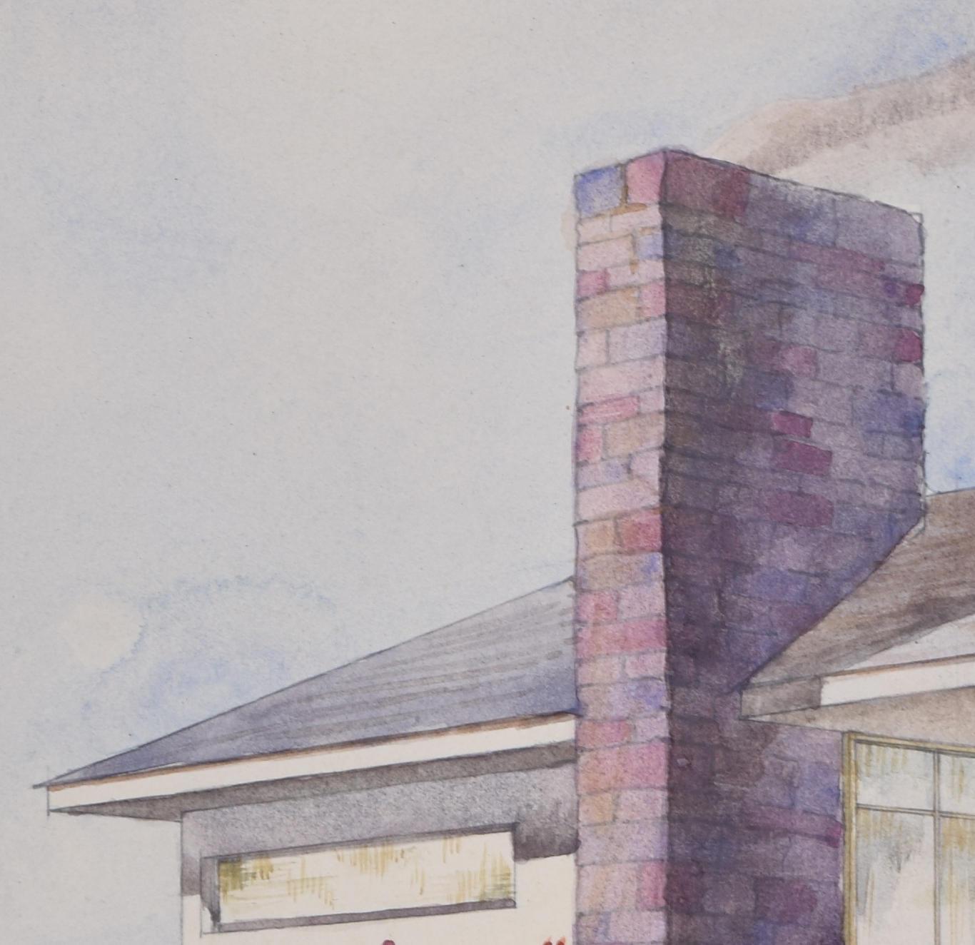 dessin à l'aquarelle de la conception architecturale d'une maison de plage moderniste de S Clapham en vente 2