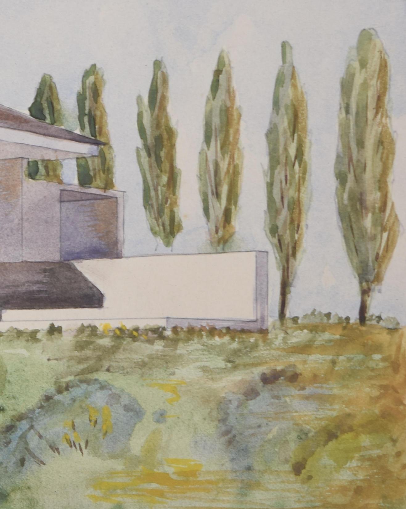 dessin à l'aquarelle de la conception architecturale d'une maison de plage moderniste de S Clapham en vente 4