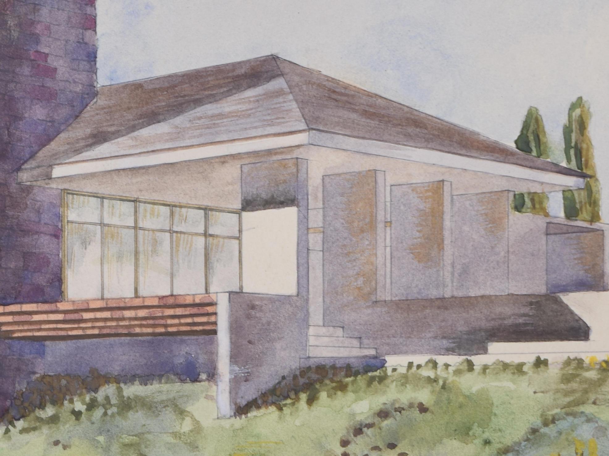 Modernist Beach House architectural design watercolour drawing by S Clapham  For Sale 3