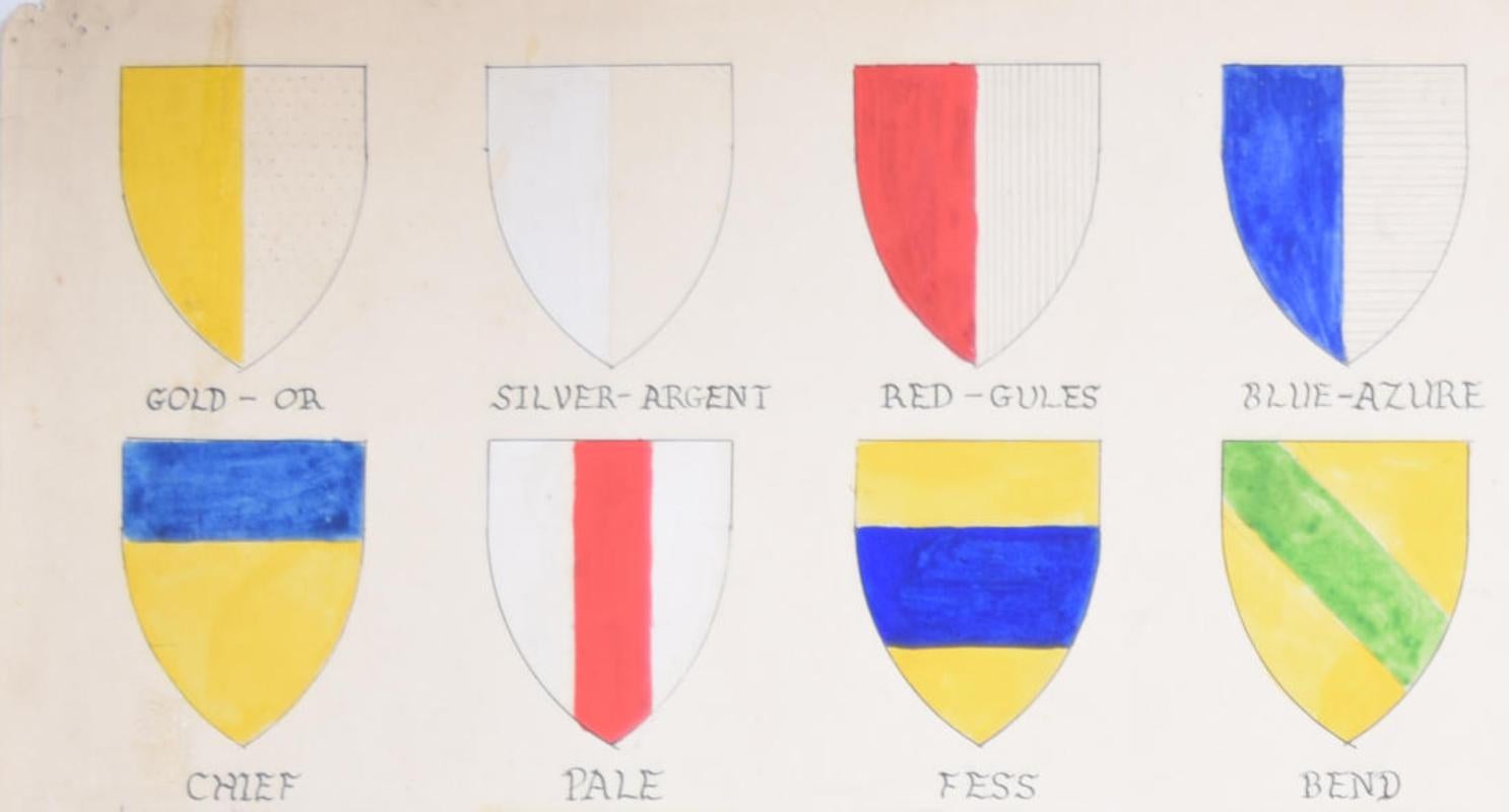 A Heraldic Primer coat of arms shield designs watercolour by S Clapham For Sale 1