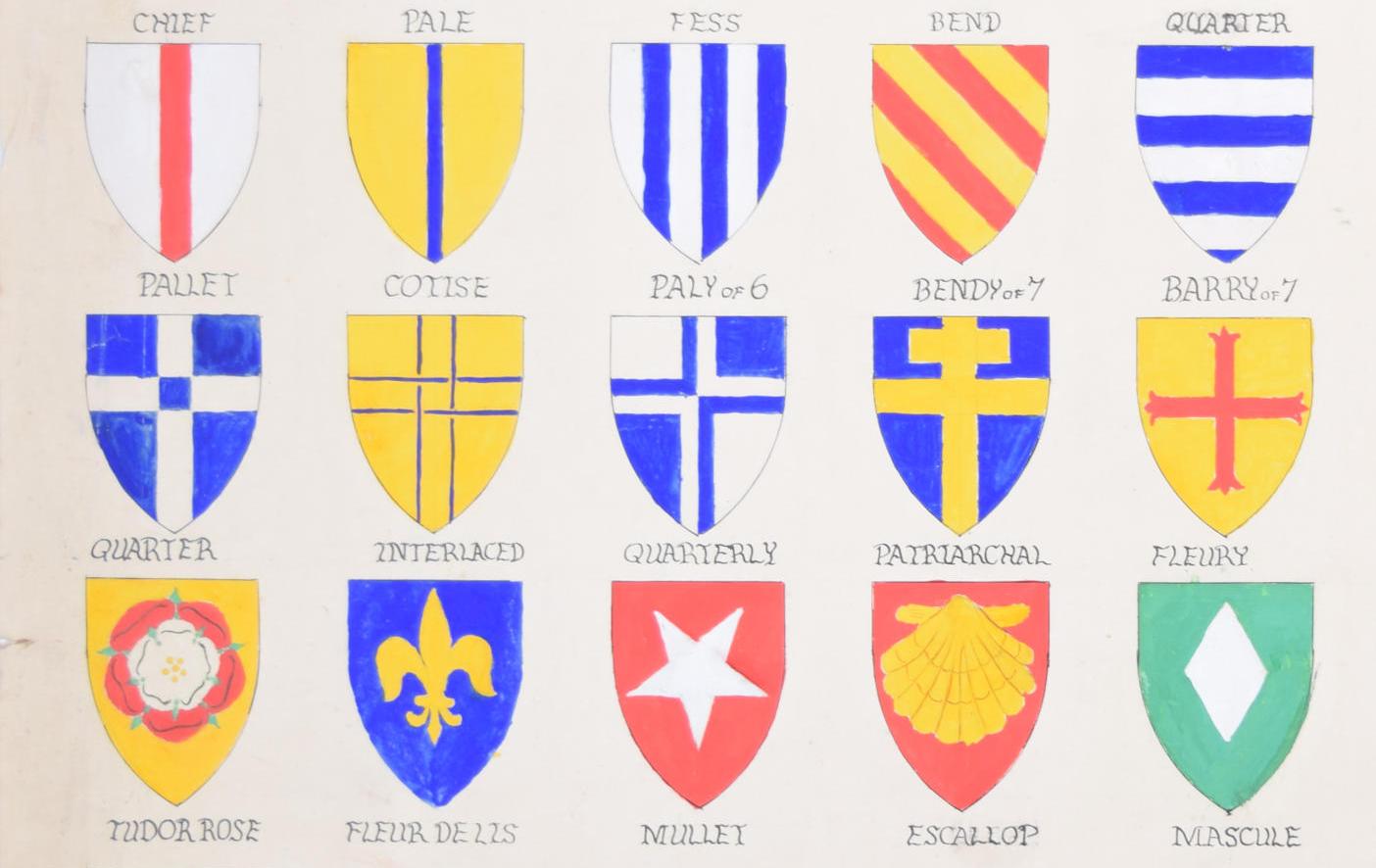 A Heraldic Primer coat of arms shield designs watercolour by S Clapham For Sale 2
