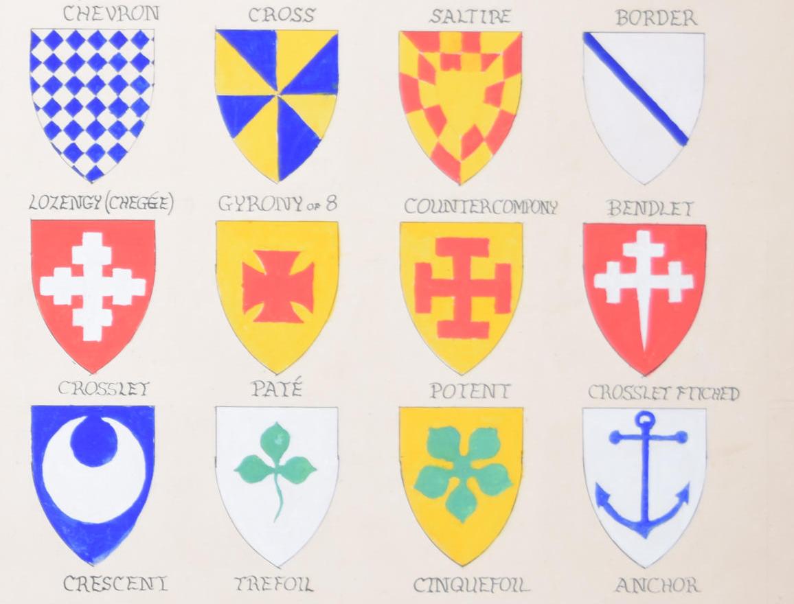 A Heraldic Primer coat of arms shield designs watercolour by S Clapham For Sale 3