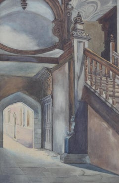 Antique St John's College, Cambridge Staircase watercolour after Ernest Haslehurst