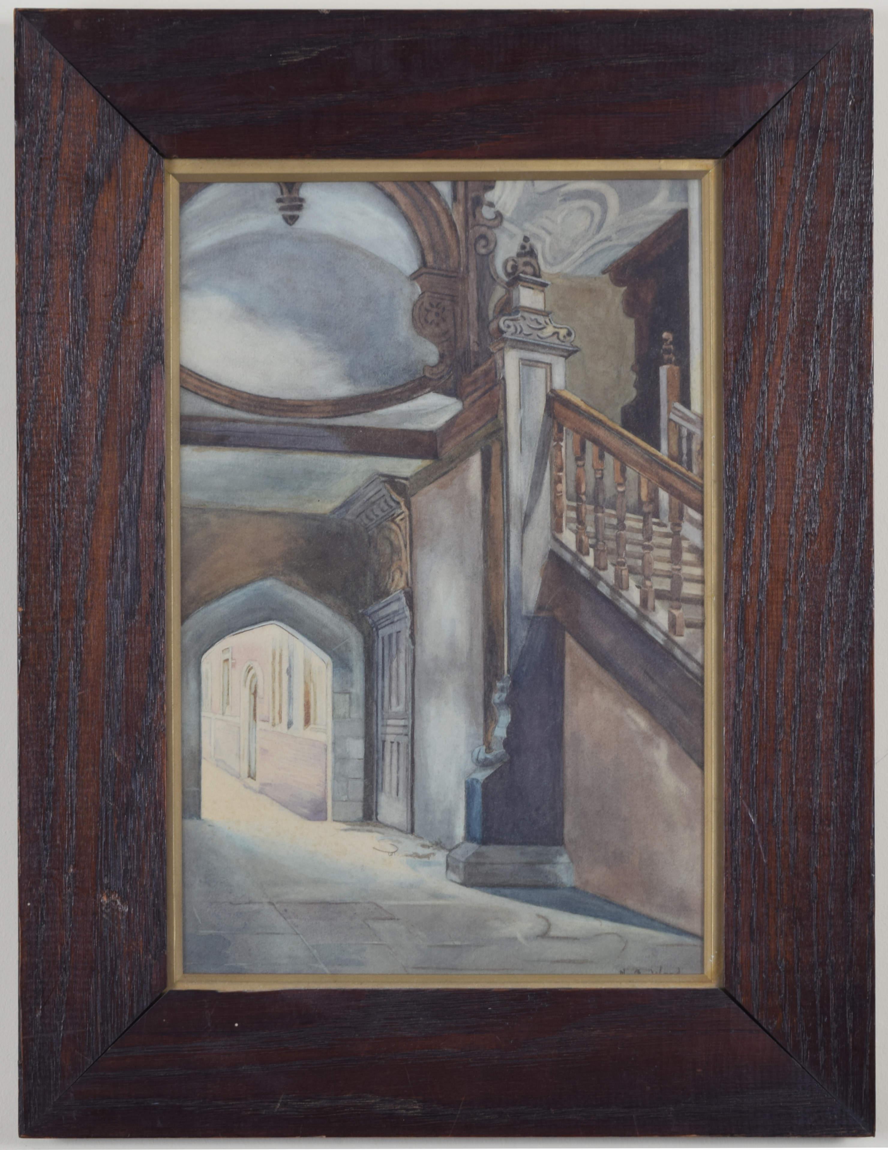 St John's College, Cambridge Staircase watercolour after Ernest Haslehurst For Sale 2