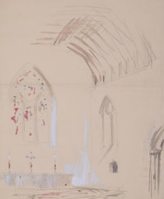 Autel d'église et ornements Shere, aquarelle de Louis Osman FRIBA