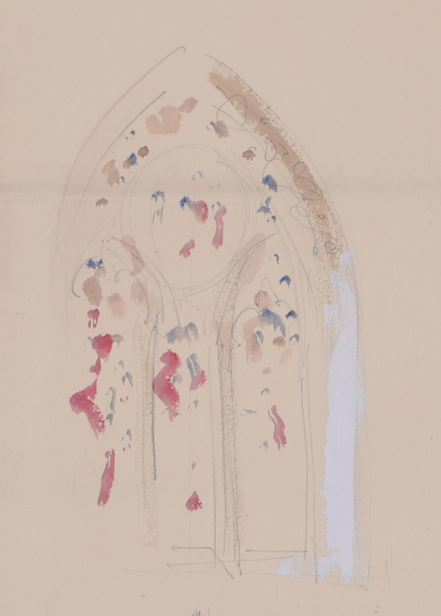Autel d'église et ornements Shere, aquarelle de Louis Osman FRIBA 1