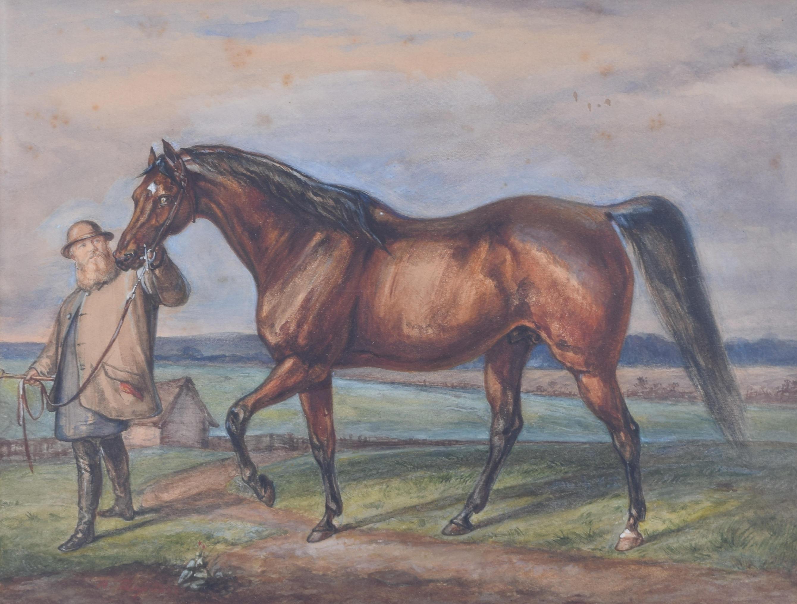Cotherstone racehorse with stud groom Wilson watercolour by H Fluiss - Art by H. Fluiss