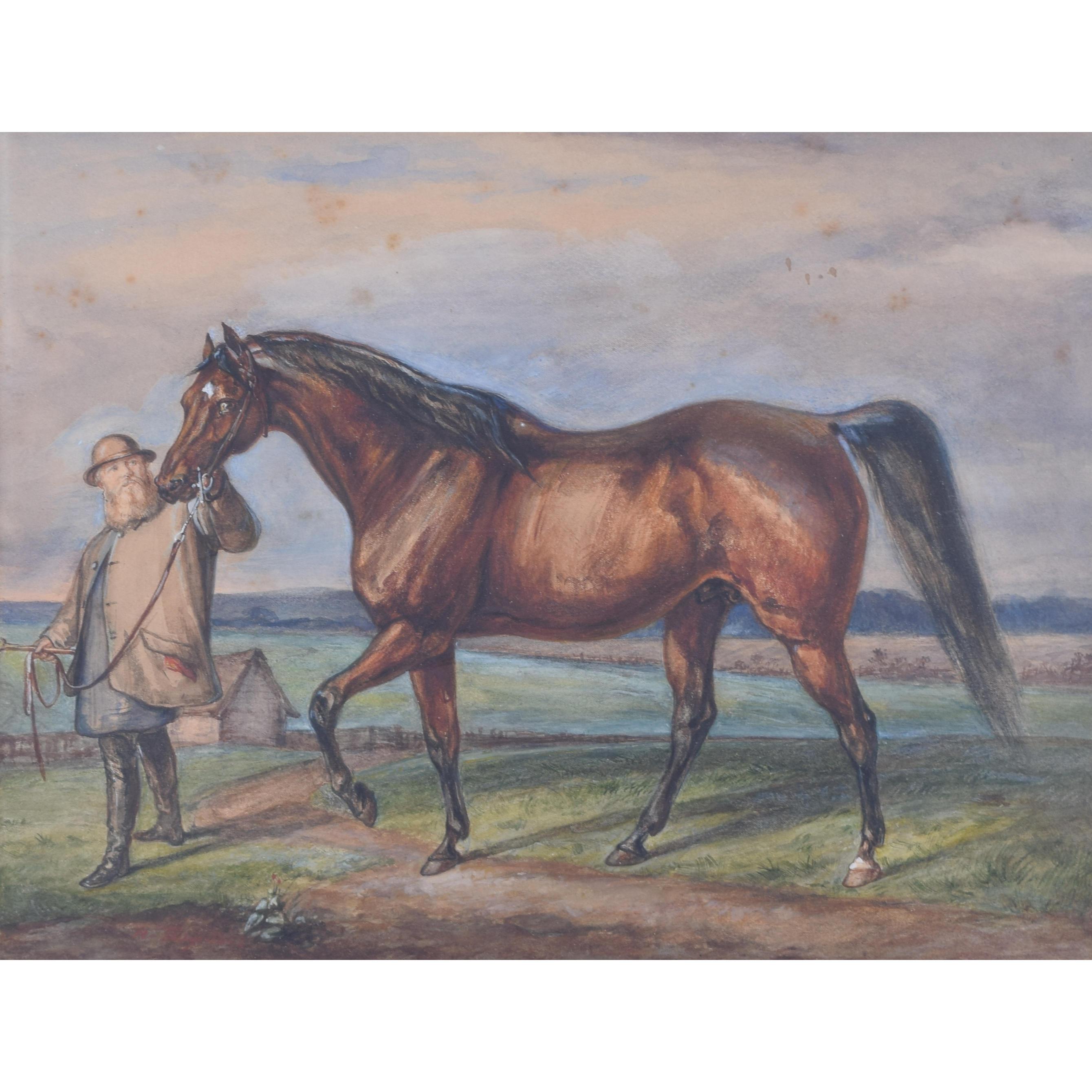 Cotherstone racehorse with stud groom Wilson watercolour by H Fluiss For Sale 2