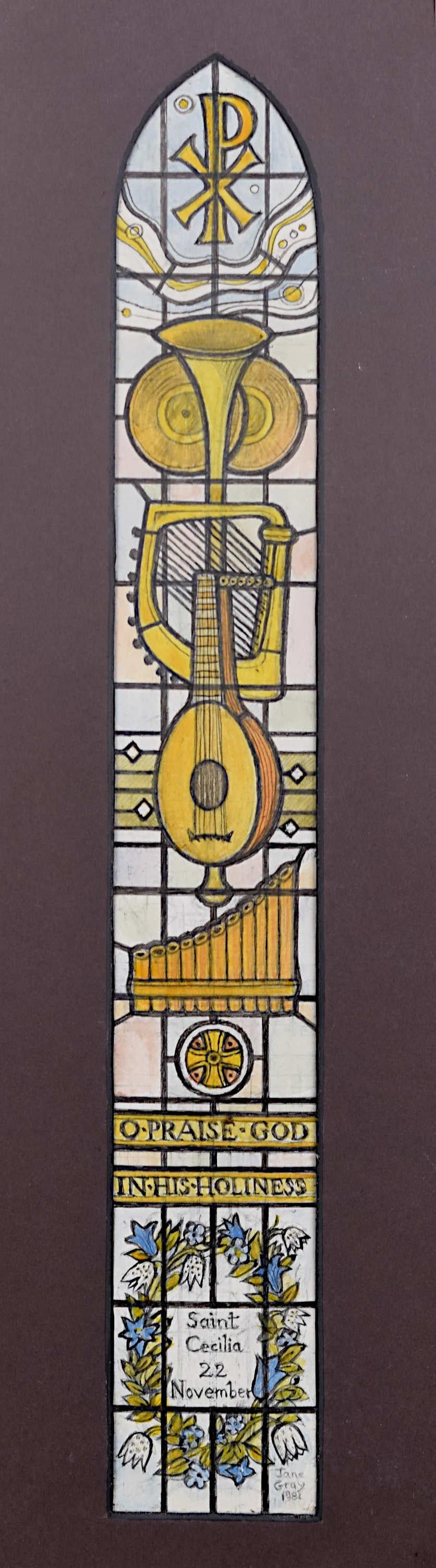 We acquired a series of watercolour stained glass designs from Jane Gray's studio. To find more scroll down to "More from this Seller" and below it click on "See all from this seller." 

Jane Gray (b.1931)
Stained Glass Design
Watercolour
29.5 x 4.5