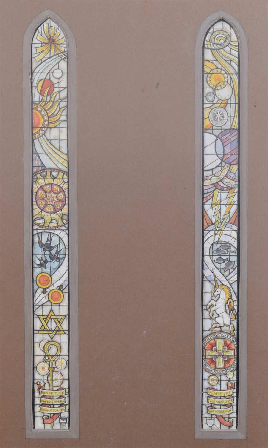 We acquired a series of watercolour stained glass designs from Jane Gray's studio. To find more scroll down to "More from this Seller" and below it click on "See all from this seller." 

Jane Gray (b.1931)
Stained Glass Design
Watercolour
32.5 x 8