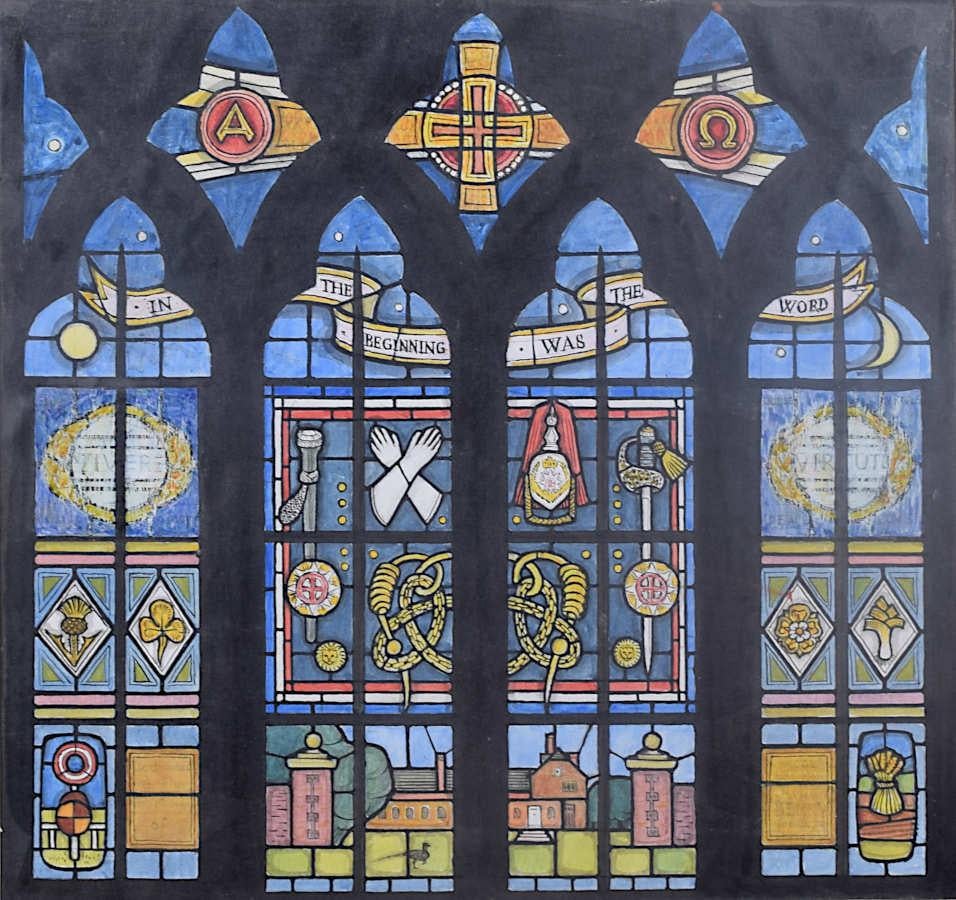 We acquired a series of watercolour stained glass designs from Jane Gray's studio. To find more scroll down to "More from this Seller" and below it click on "See all from this seller." 

Jane Gray (b.1931)
Stained Glass Design
Watercolour
28 x 30