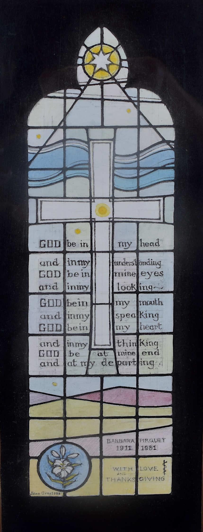 We acquired a series of watercolour stained glass designs from Jane Gray's studio. To find more scroll down to "More from this Seller" and below it click on "See all from this seller." 

Jane Gray (b.1931)
Stained Glass Design
Watercolour
21 x 7.5
