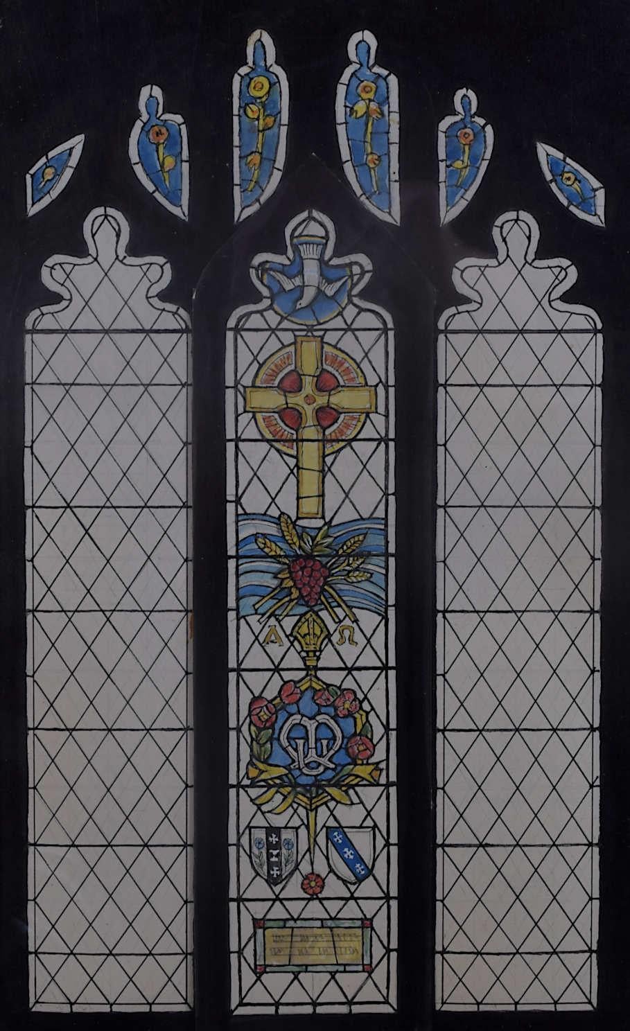 We acquired a series of watercolour stained glass designs from Jane Gray's studio. To find more scroll down to "More from this Seller" and below it click on "See all from this seller." 

Jane Gray (b.1931)
Stained Glass Design
Watercolour
25.5 x
