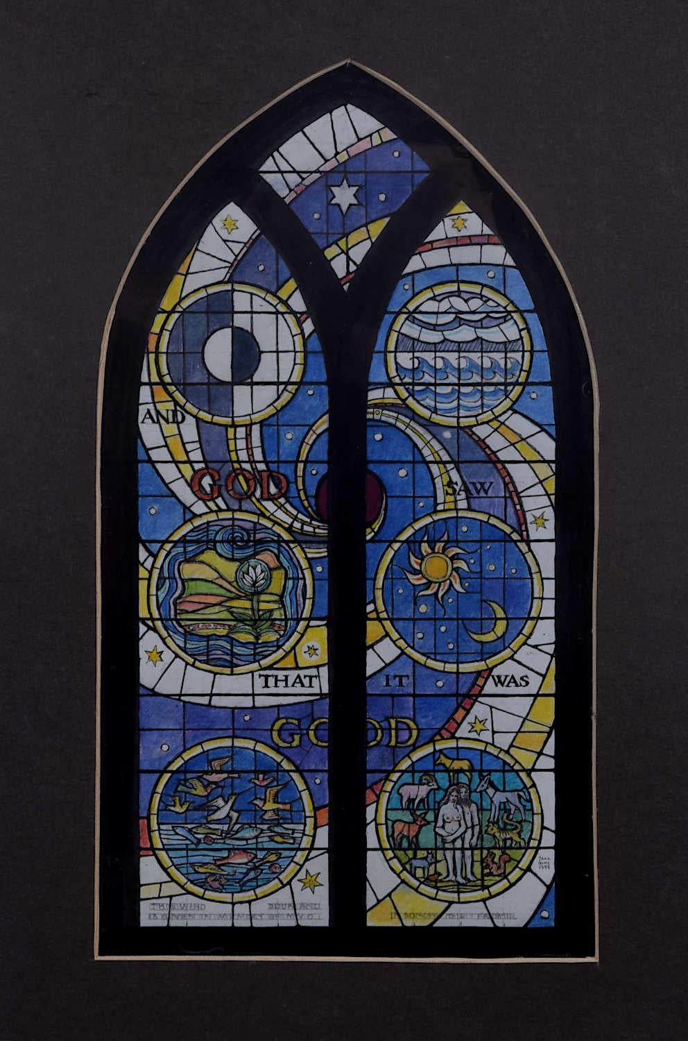 We acquired a series of watercolour stained glass designs from Jane Gray's studio. To find more scroll down to "More from this Seller" and below it click on "See all from this seller." 

Jane Gray (b.1931)
Stained Glass Design
Watercolour
25.5 x 14